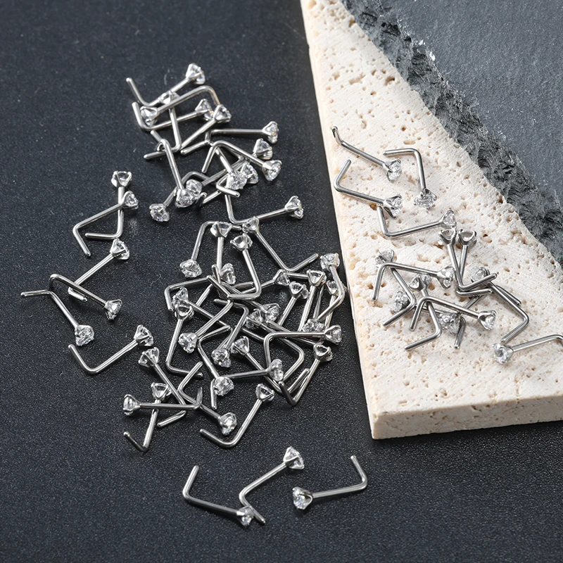50Pcs/Lot Titanium L Shape Nose Piercing Sparkling  Zircon Nostril Pin Hypoallergenic Unisex Men Women Daily Basic Body Jewelry