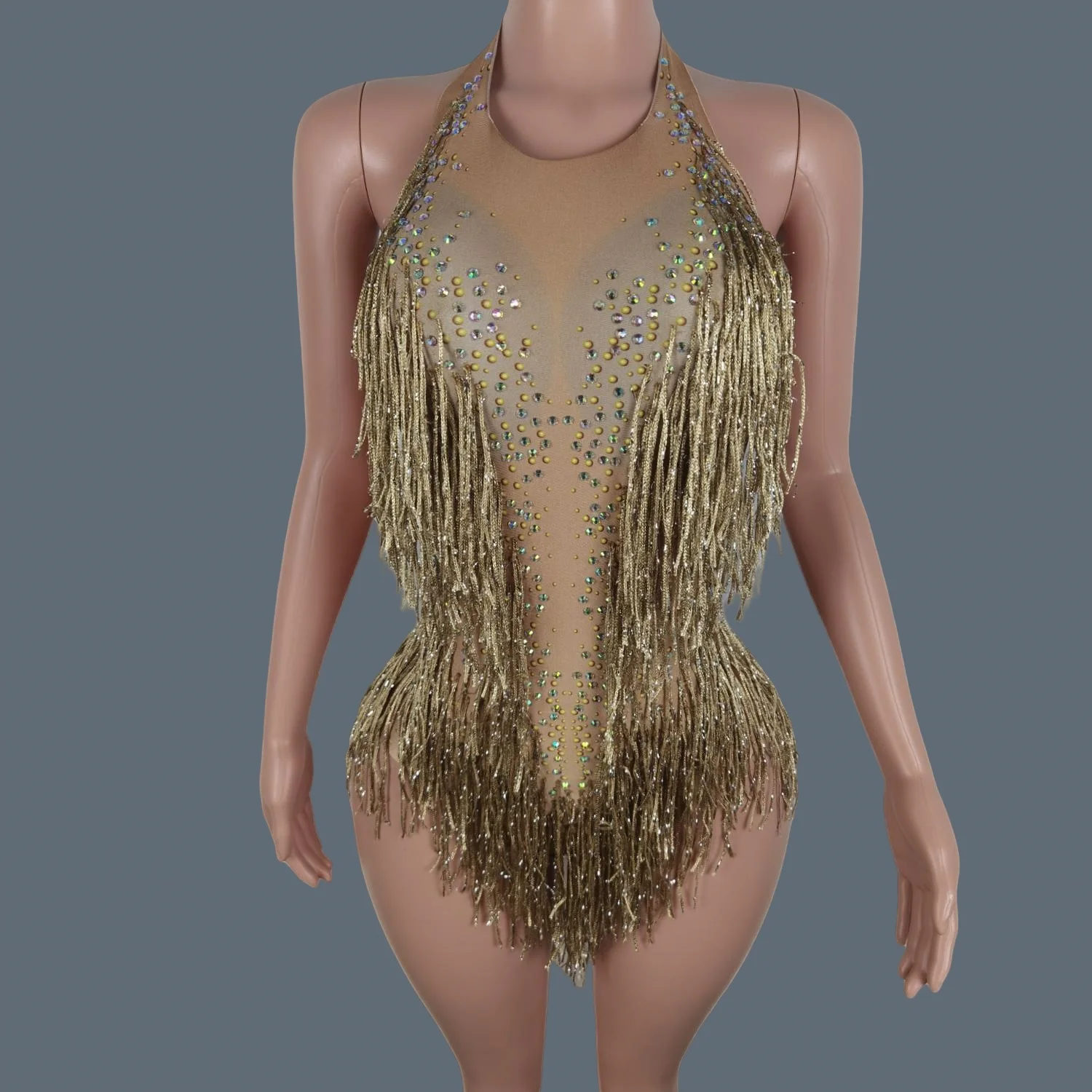 Women's Sparkly Rhinestones Fringes Bodysuit Nightclub gig Dance Costume Stage Performance Wear Sexy Sleeveless Leotard Liusu