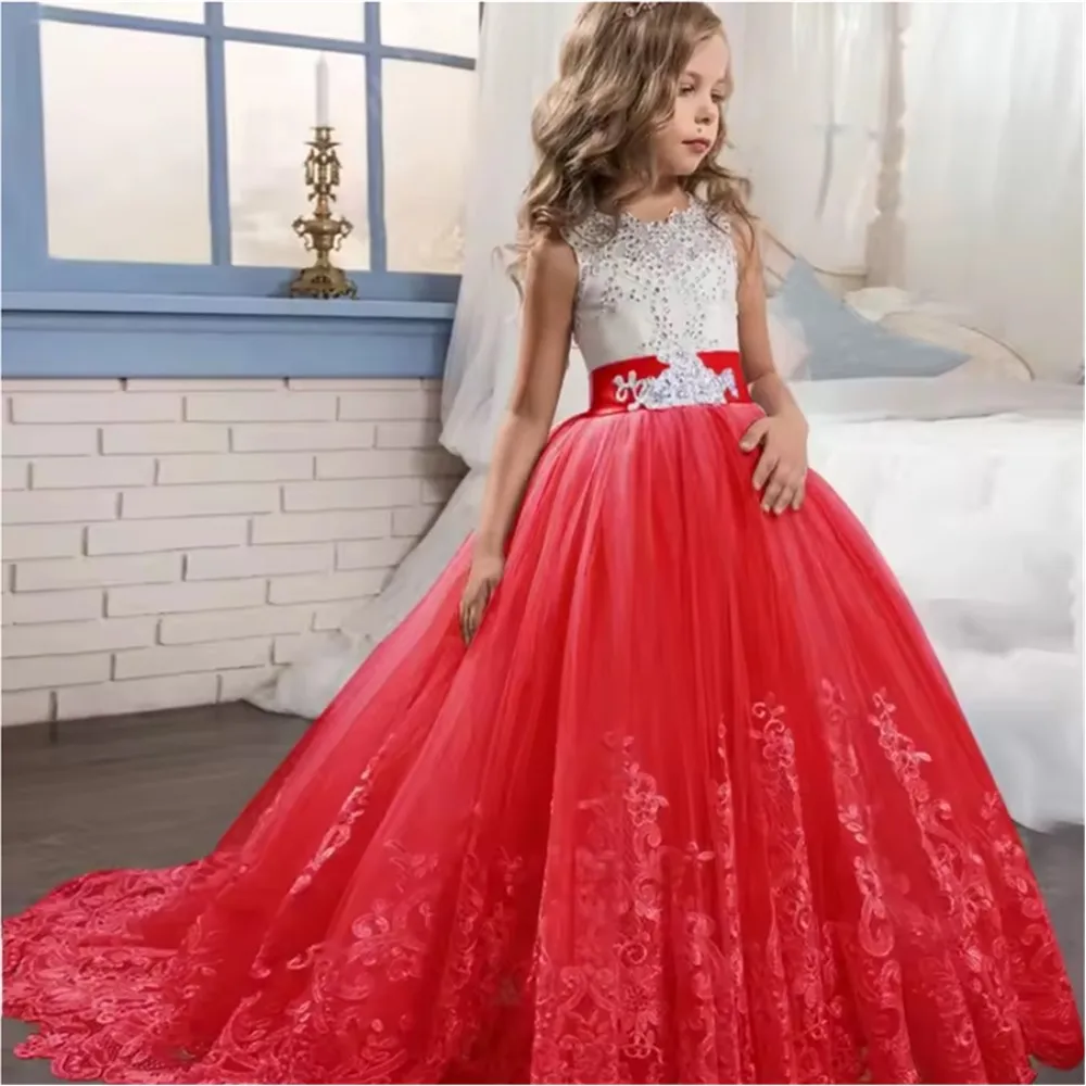 

Princess Flower Girl Wedding Dress Lace Appliques Floor Length Sleeveless Dress Kids Birthday Party First Holy Communion Gown