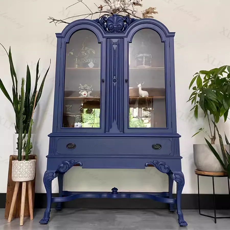 

French retro solid wood double-door dining side cabinet old carved neoclassical storage entrance display cabinet