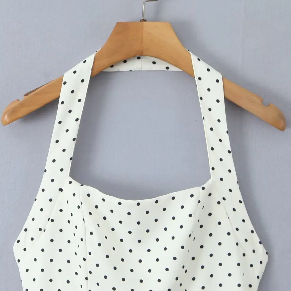 JNLEAOG Summer New Fashionable Polka Dot Neck Hanging Dress Women's Simple Versatile Dress Casual A-Line Skirt Polyester Fiber