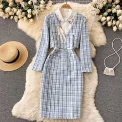 Two piece set Plaid lool sleeve Dress Fashion Vestidos Slim Party Club Summer Off Shoulder Hotsweet slip Dresses