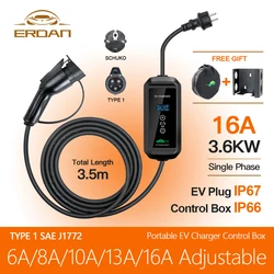 ERDAN 3.6kw EVSE Charging Cable Type1 SAE J1772 110-240V Portable EV Charger Charging Cable 3.5kW Wallbox for Electric Cars