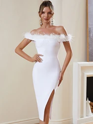 Off Shoulder Fuzz Trim Bodycon Bandage Dress For Cocktail Party