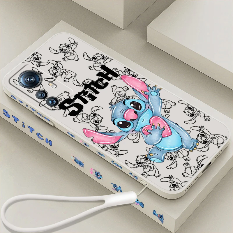 Trend Disney Stitch Cartoon Liquid Left Rope For Xiaomi Mi 13 12T 12 11T 11i 11 A3 10T 10 CC9E 9 Pro Lite Ultra 5G Cover