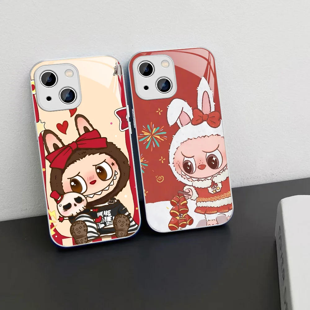 New K-Kawaii Cute L-Labubu Phone Case Tempered Glass For iphone 14 13 12 11 Pro Mini XS MAX 14Plus X XS XR Cover