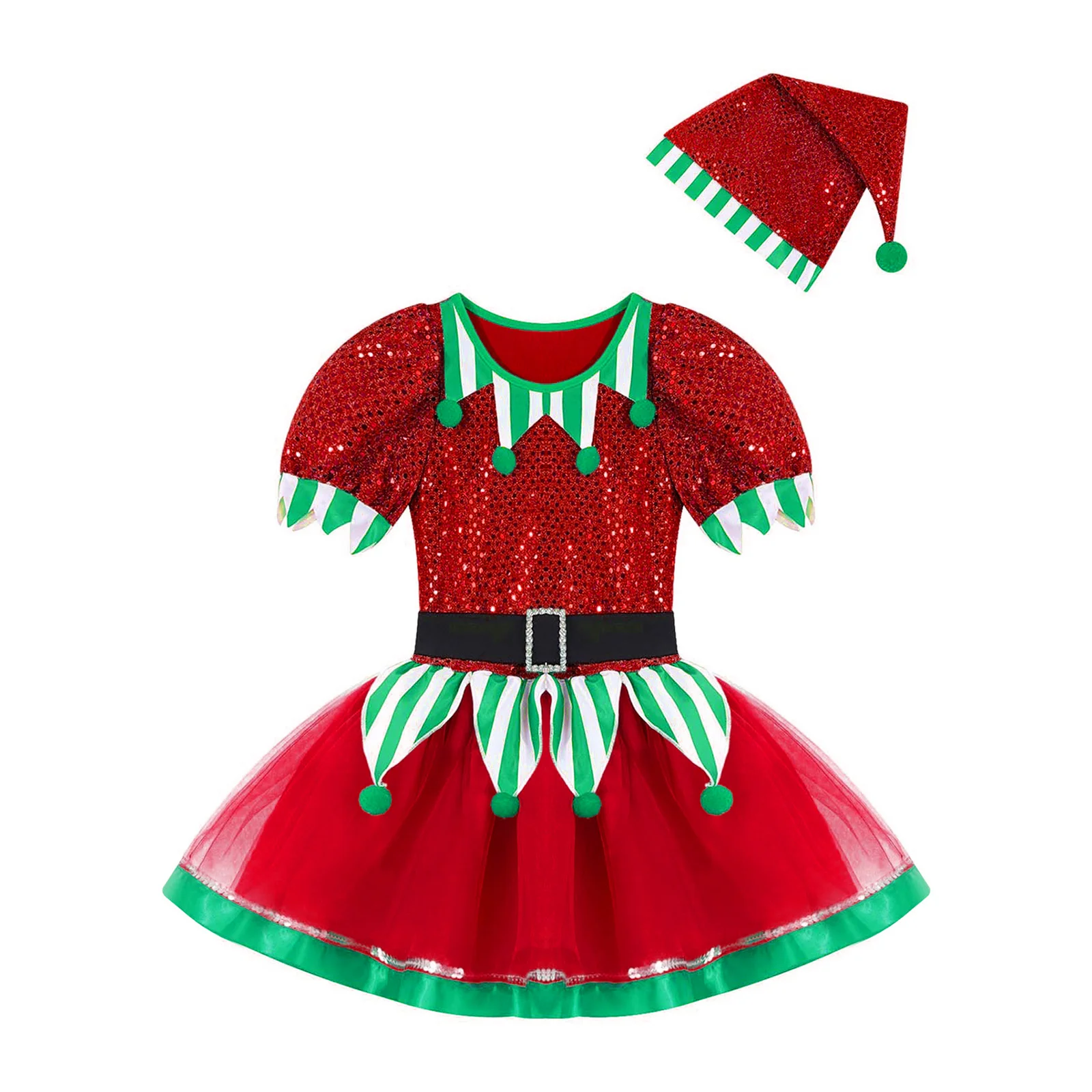 Robe tutu de danse de ballet avec chapeau pour enfants, costume d'elfe de Noël pour filles, paillettes, pompons, maille, nouvel an, carnaval, performance de fête