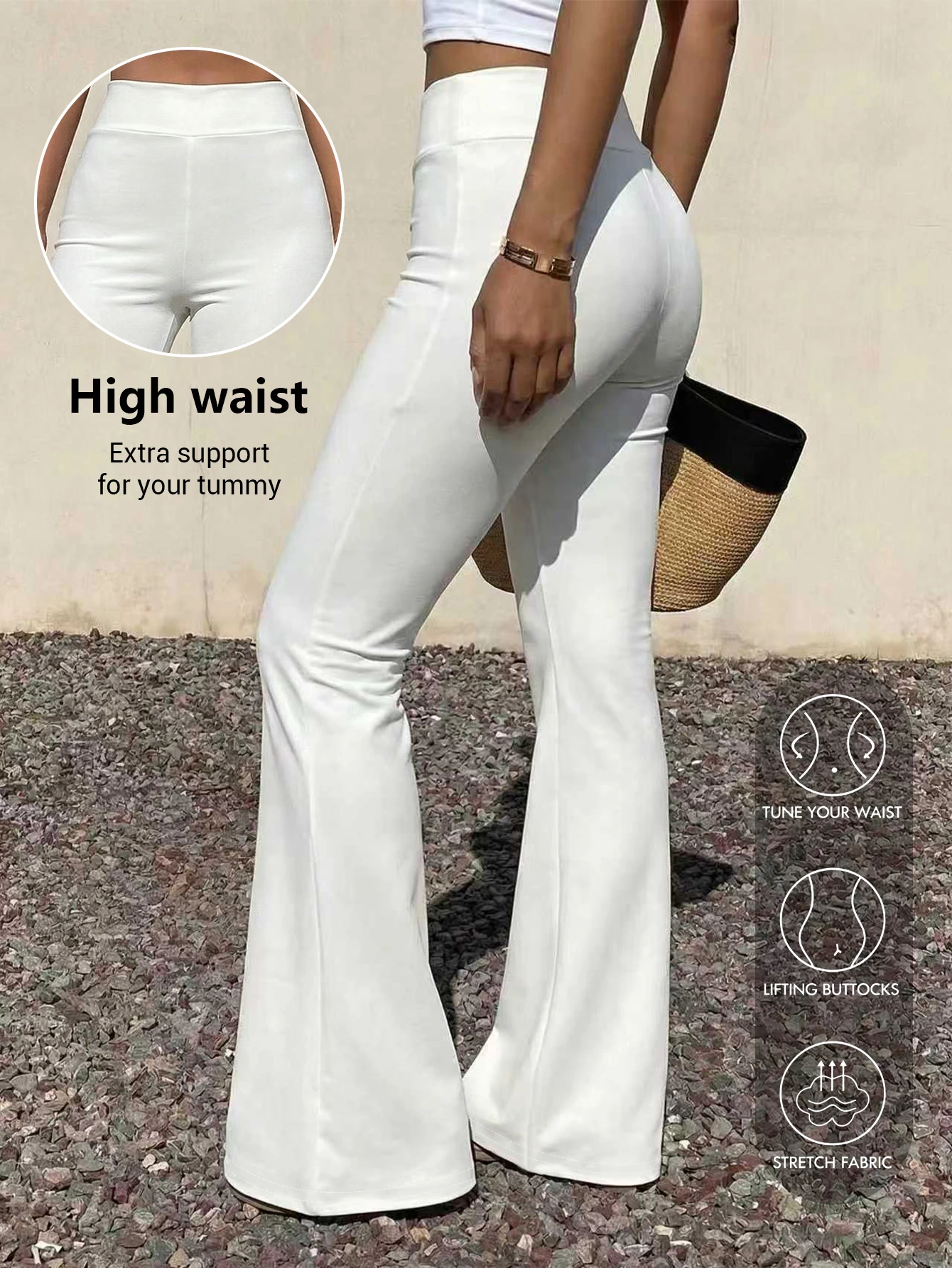 Damen High-Waist Schlaghose Ganzjährig Tragbare Lässige Damenkleidung Einfache Weiße Lange Hose Sport Yoga Fitness Leggings – Detail 4