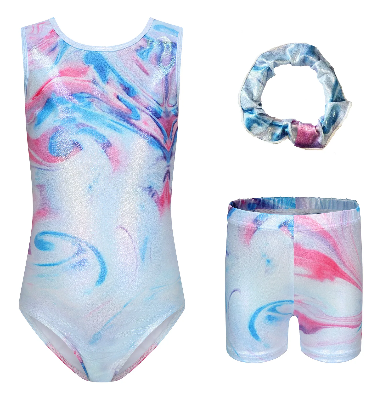 

Kids Girls 3Pcs Gymnastics Outfits Sleeveless Printed Metallic Leotard with Shorts and Hair Band Set Acrobatics Ballet Dancewear