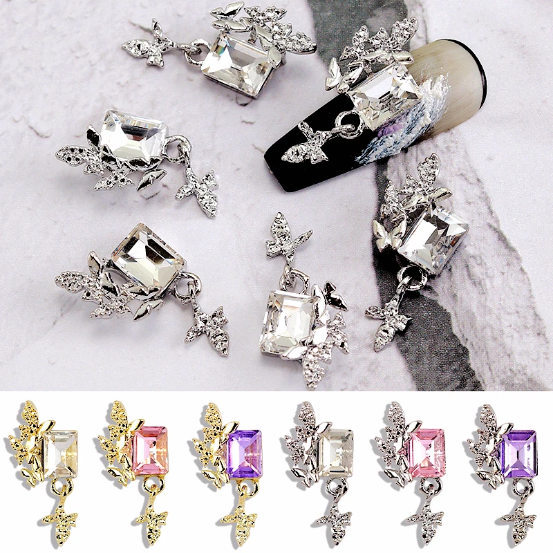 10PCS 3D Luxury Alloy Butterfly Nail Art Pendant Charms Rectangular Right Angle Rhinestones Accessories Nail Decoration Supplies