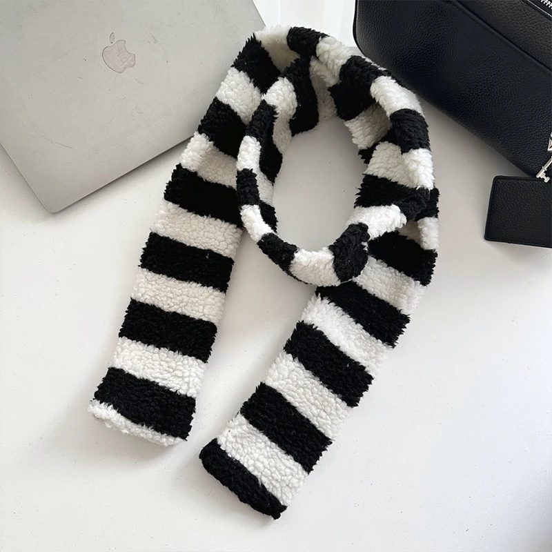 Women Colorful Lambswool Striped Scarf Y2K Cute Winter Plush Warm Necklace Japanese Couple Thickened Wrap Children's Scarf