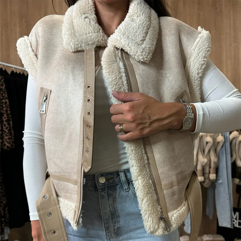 

European And American Women's Fashion Trendy Locomotive Zipper Fur Vest Jacket One-piece Stitching Outerwear for Ladies