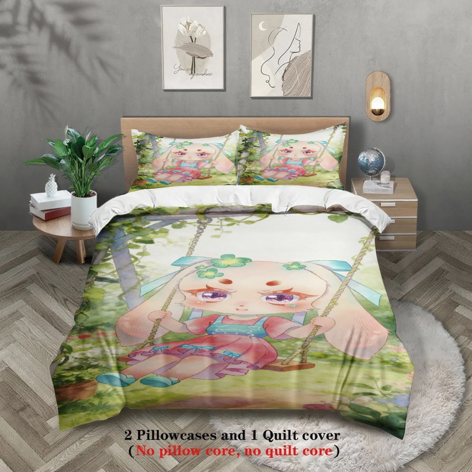 

Softville Cozy Town 3PCS Bedding Sets Lop Rabbit Swing Spring Printed Duvet Cover No filling Cartoon Style Queen King Size