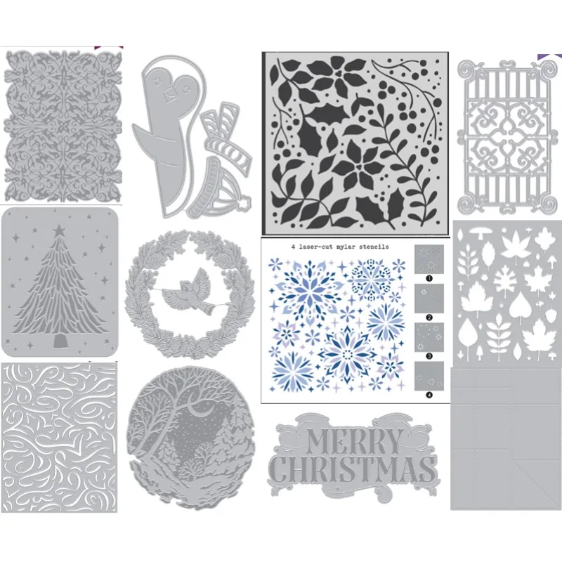 

Merry Christmas Winter Forest Filigree Tree Perforation Fall Pattern Ornate Gate Snowflake Metal Cutting Dies Stencil 2024 New