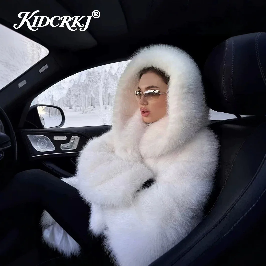 KIDCRKJ Winter 2026 Hooded Cropped Faux Fur Coat Women Pure White Mountain Fashion Fluffy Eco Fox Fur Jacket Girls Hot Overcoat