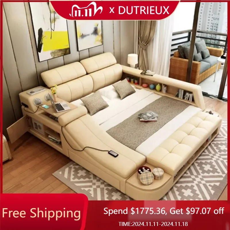 

High End Nordic Double Bed Frame Yellow Multifonction Modern Luxury Twin Bed Platform Wood Safe Letto Matrimoniale Furniture