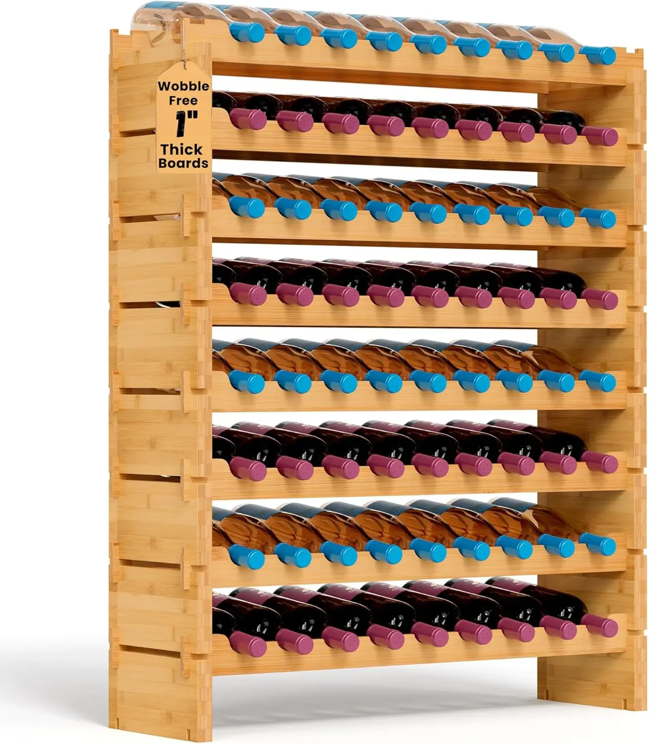 

72 Bottle Stackable Bamboo Wine Rack, 8-Tier Modular Shelf, Sturdy Wobble-Free Design for Kitchen Cellar Bar Storage