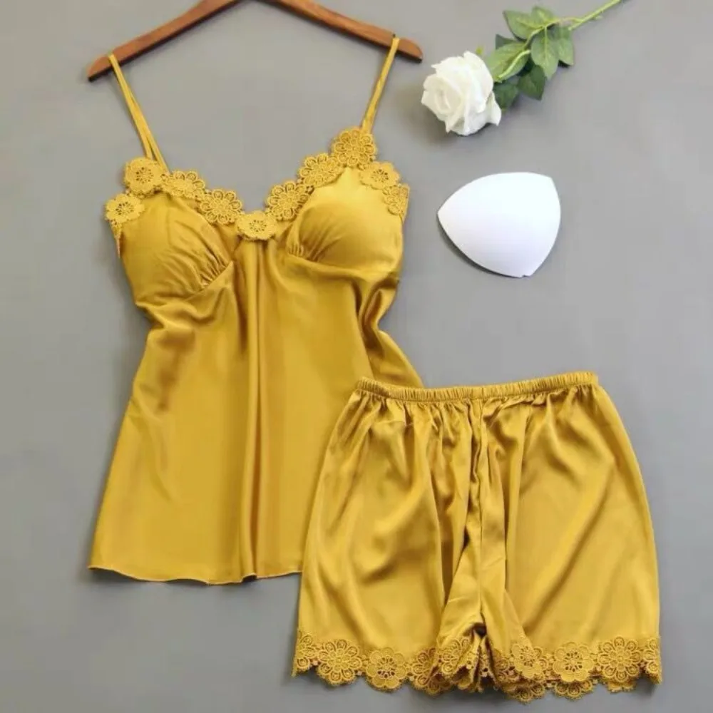 

Ice Silk Lace Pajamas Suit Sleeveless V-Neck Sling Shorts Nightwear Female Home Clothes with Pad Two Piece Sleepwear Sets Home