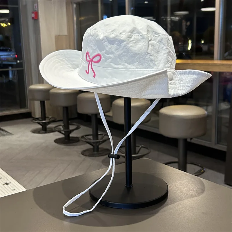 

Korean Style Women Sun Hat - Cute Pink Bow Fisherman Bucket Hat, Quick-Dry Windproof Outdoor Camping & Climbing Cap