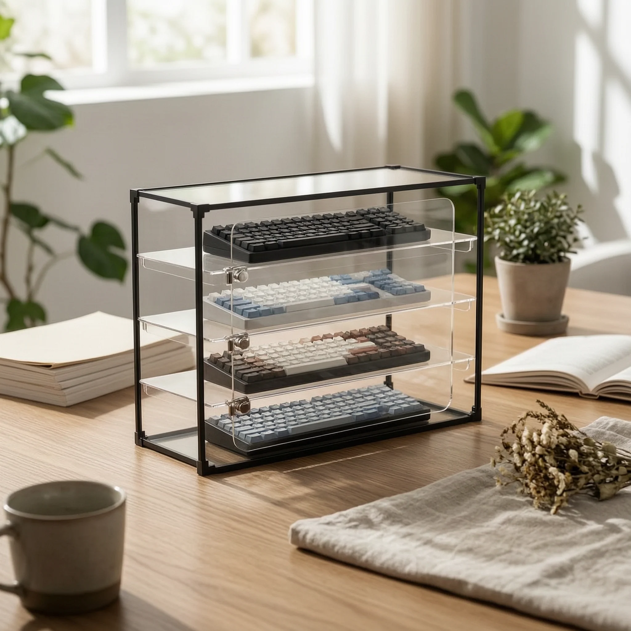 Keyboard Storage Cabinet 4-Tier Keyboard Display Case Cabinet with Shelves and Doors Transparent Furniture Sturdy