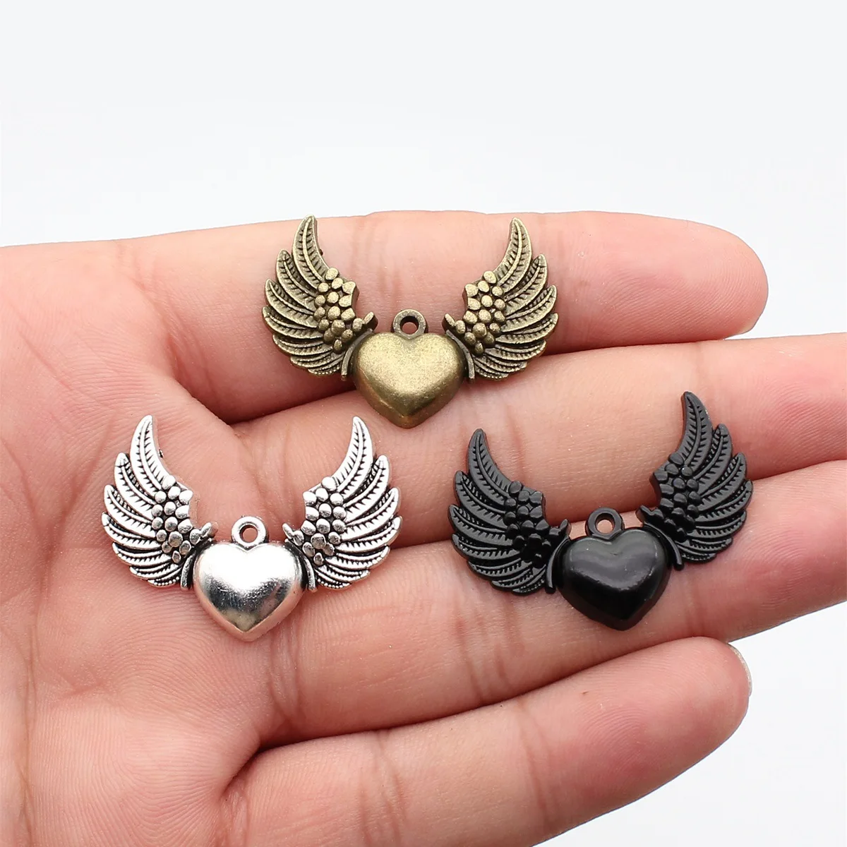 WYSIWYG 4pcs 36x27mm 3 Colors Antique Bronze Color Antique Silver Color Black Color Heart With Angel Wing Charms