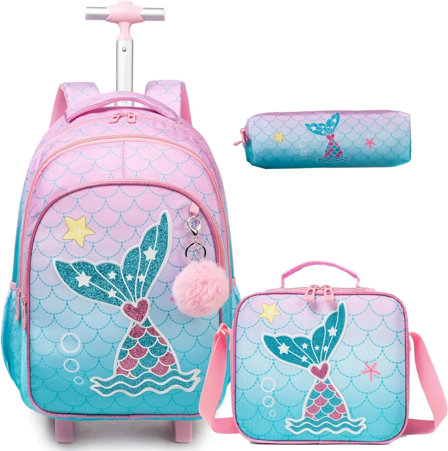 Bunnyfly 3PCS Rolling Backpack for School Kids Wheeled Backpack with Silent Wheels Lightweight Primary School Bag Durable Daypac