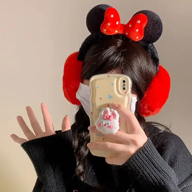 Cartoon Disney Minnie Bow Earmuffs Cute Kawaii Minnie Plush Winter Outdoor Windproof and Cold-proof Earmuffs Girls Birthday Gift