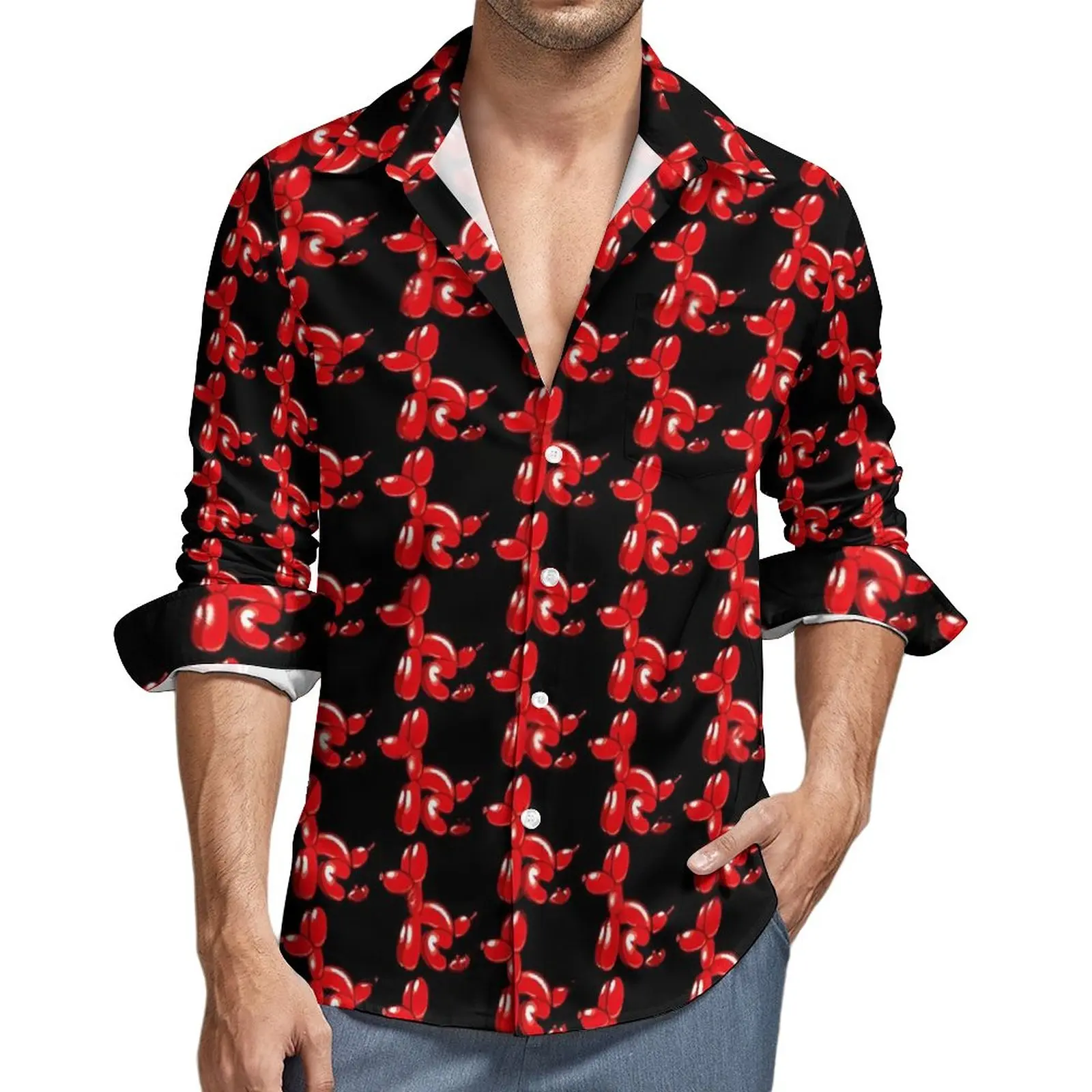 Ballon Doggie Poop Shirt Männer Tier Casual Shirts Frühling Y2K Grafik Blusen Langarm Vintage Übergroße Kleidung Geschenk