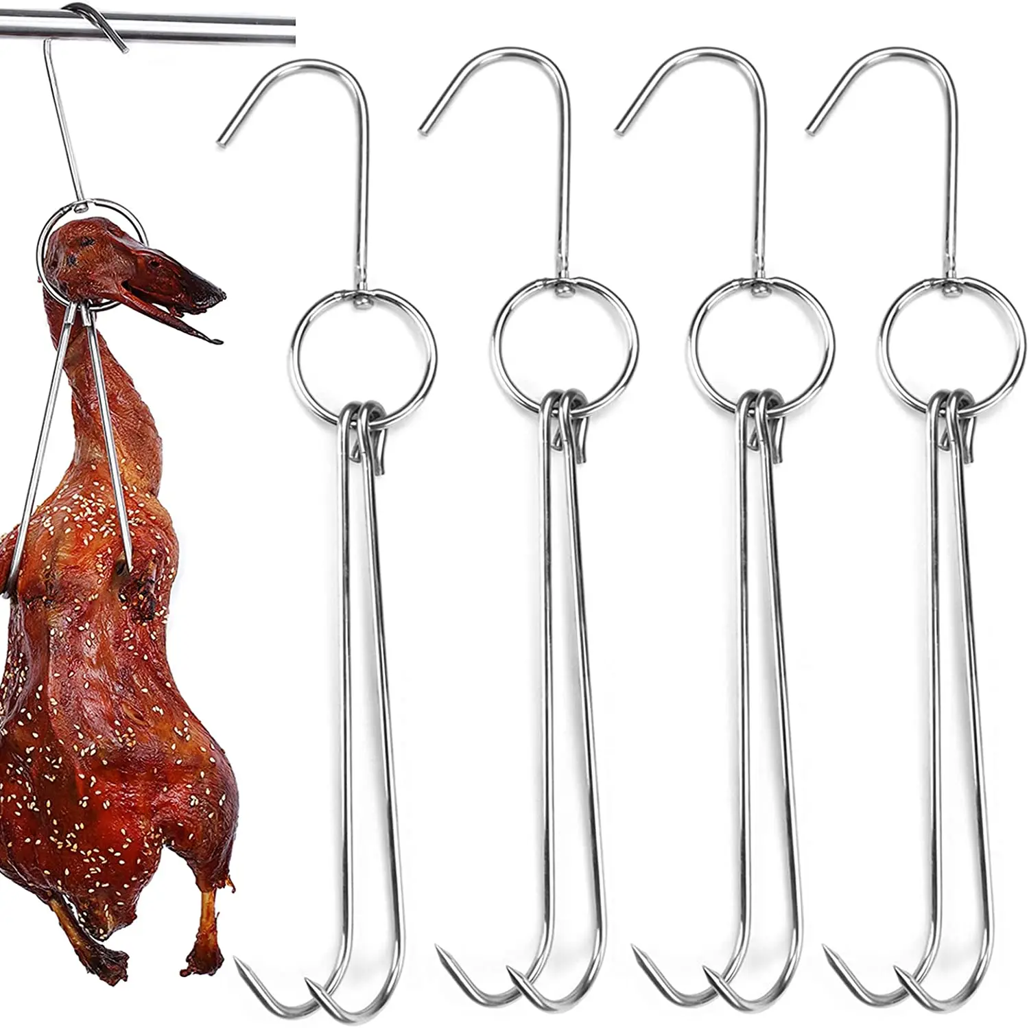 Stainless Steel Meat Hooks with Double Hook Poultry Roast Duck Bacon Hanging Hook Grill Hanger for Drying Cooking BBQ Utensils