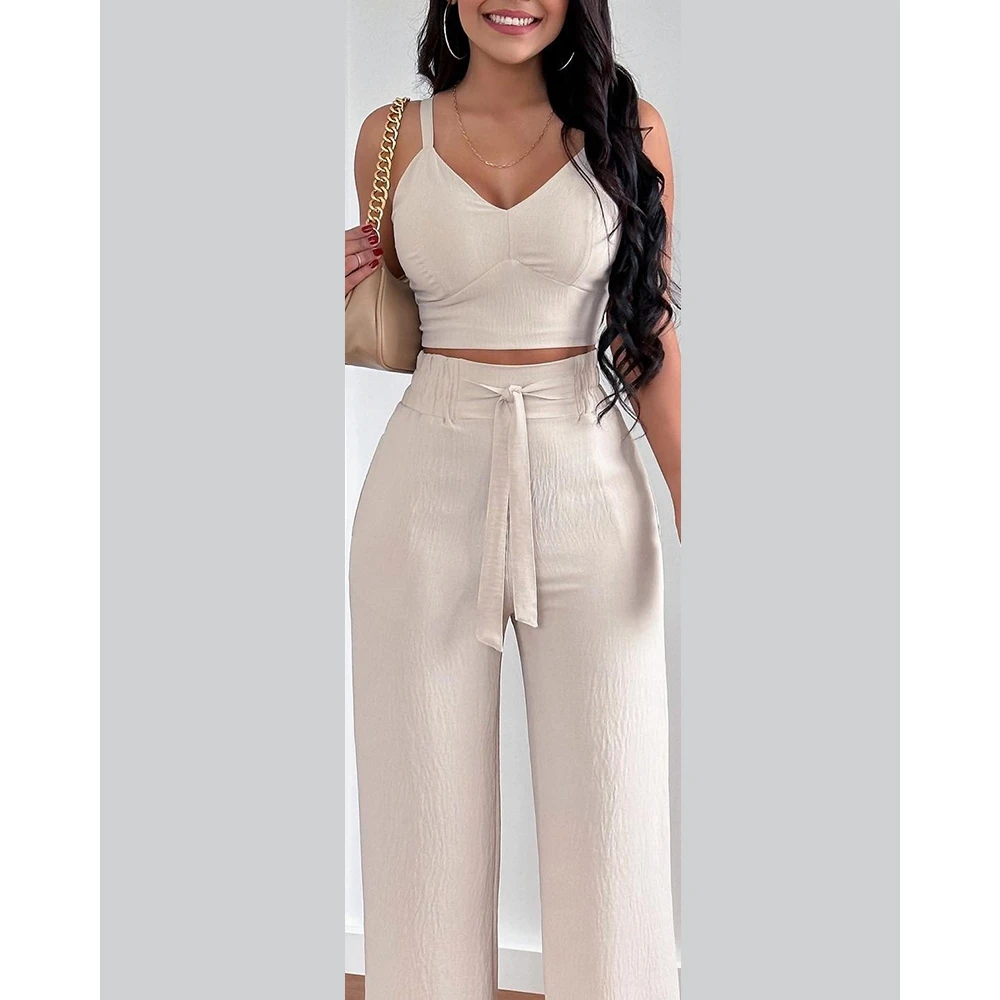 Summer Women Shirred Sleeveles Crop Top & High Waist Pants Set Femme Casual Vacation Two Pieces Suit Set Outfits Woman Clothes