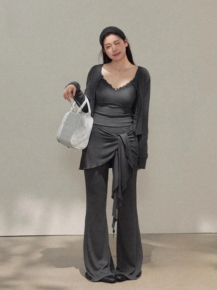 

Утягивающий женский комплект больших размеров, расклешенные брюки с высокой талией, длинные све, корейский комплект длинных брюк с высокой талией для поездок на работу