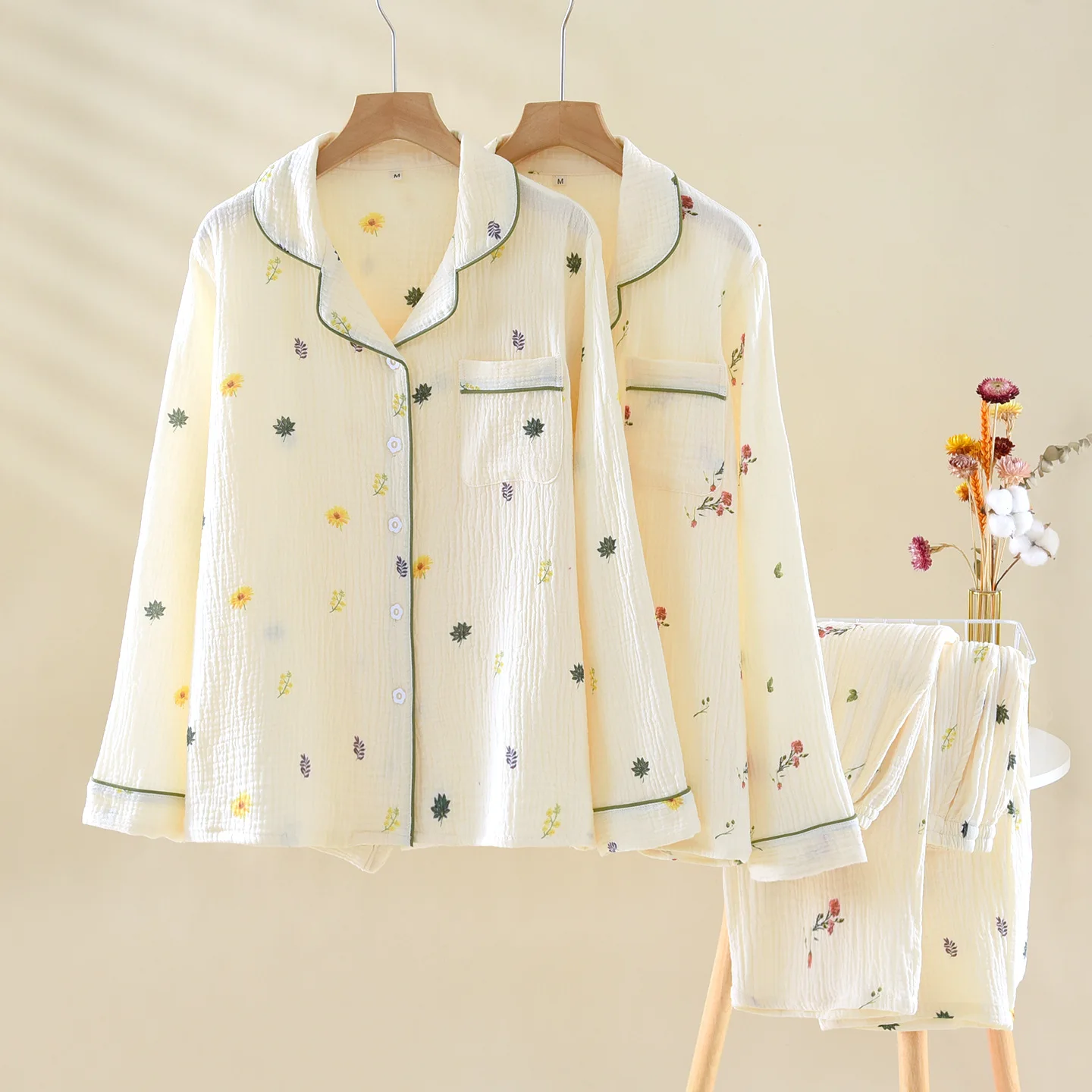 

New Long-sleeved Sweet Cotton Gauze Cloud Cardigan Trousers 2PCS Sets Pajamas Women's Autumn Can Go Out Loungewear