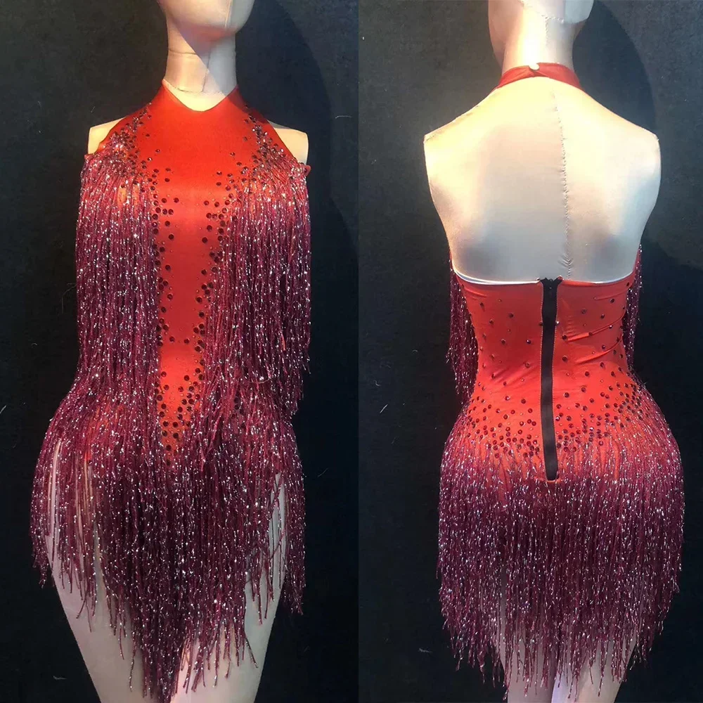 

Sparkly Rhinestone Women Bodysuit Pole Dance Sleeve Halter Costume Nightclub DJ Singer Performance Red Bling Tassel Jumpsuit