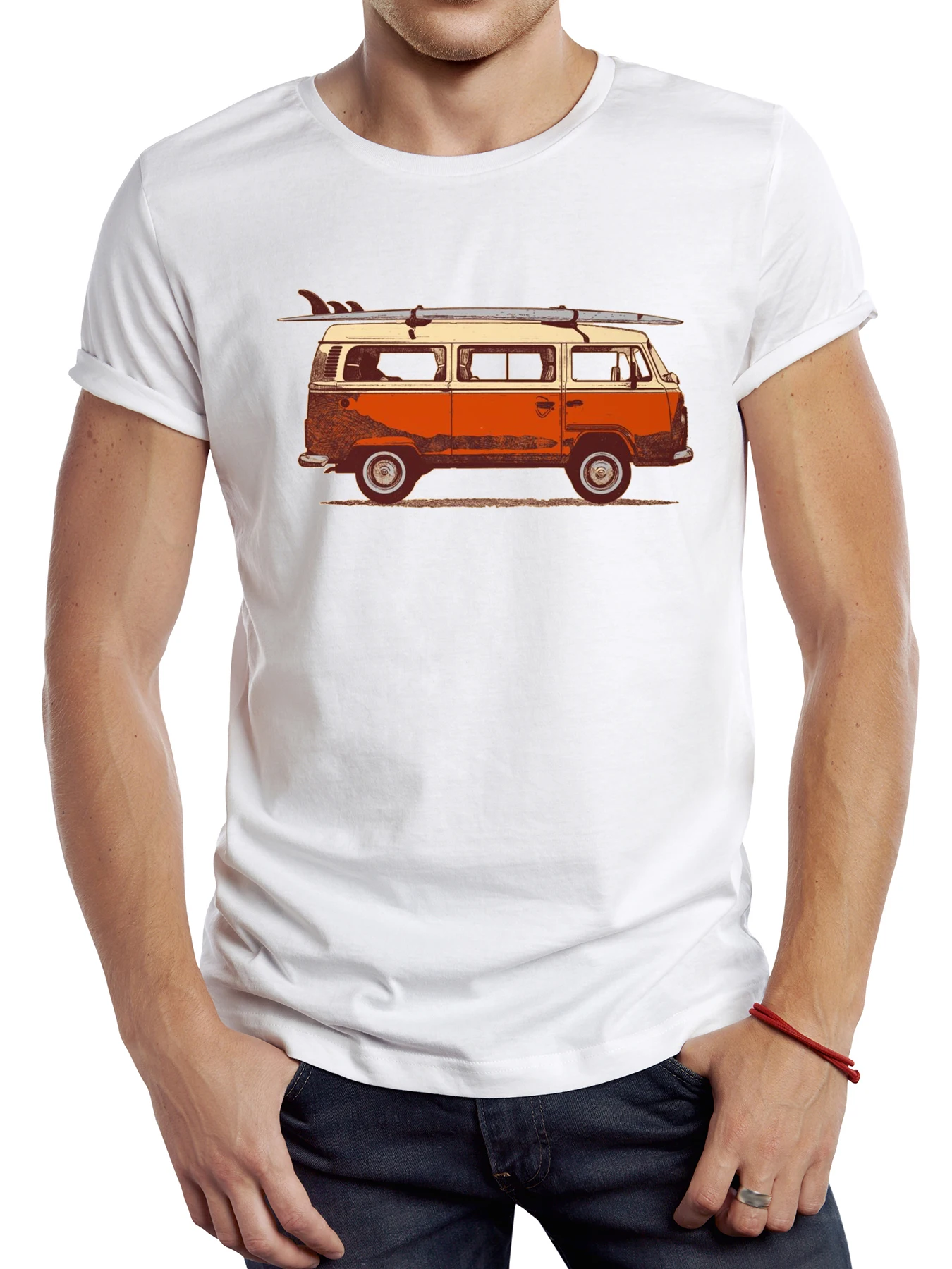 

FPACE Vintage Surf Camper Van Men T Shirt Graphic Cloth Casual Male Surf Board Tops Hipster Retro Camping Bus Printed Tee