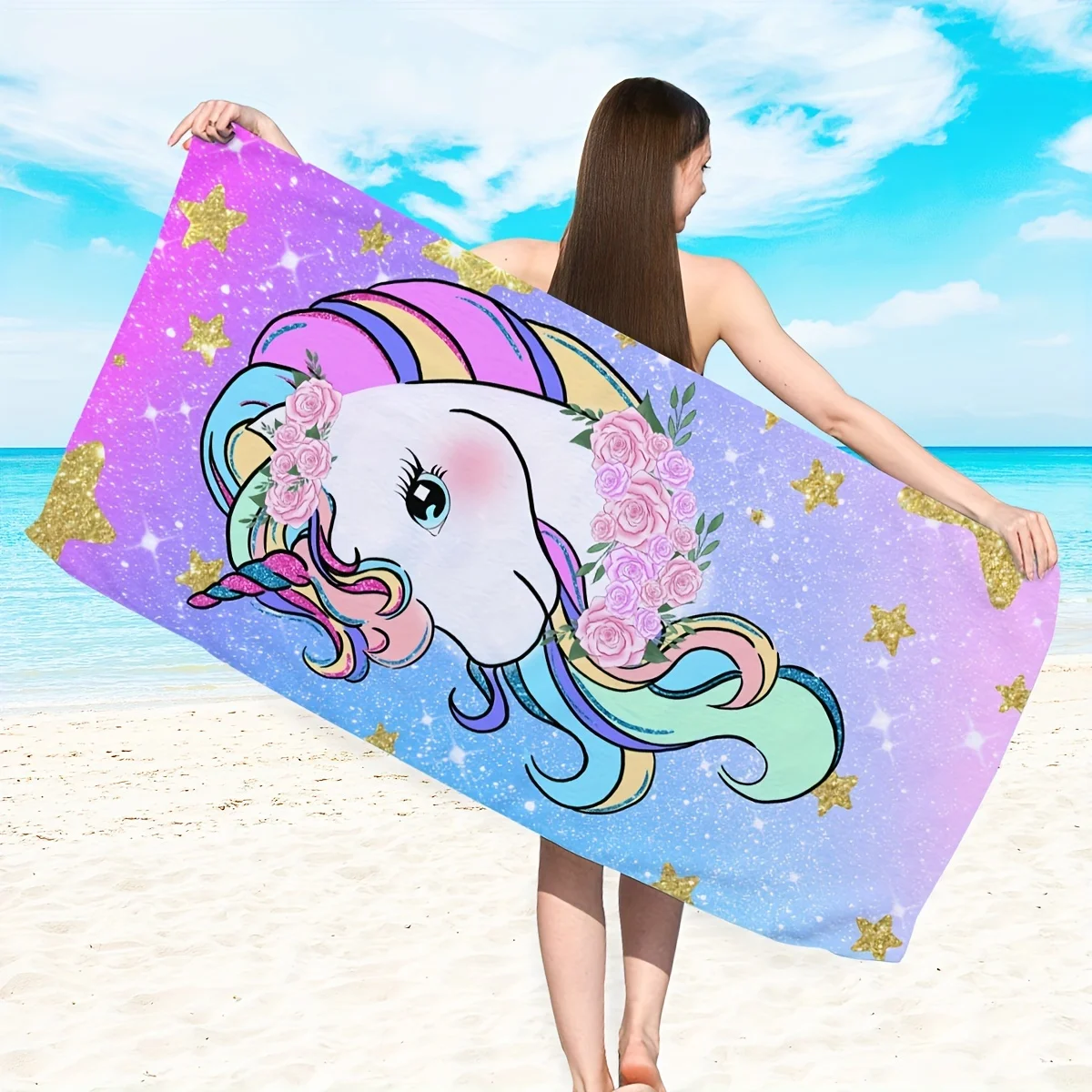 1pc Pink Unicorn Beach Towel, Single-Sided Print, Microfiber, Extra Thick and Large Size