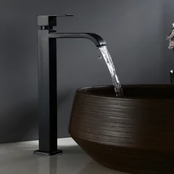 Bathroom Basin Faucet Stainless Steel Waterfall Tall Sink Vessel Tap Matt Black Single Handle Deck Mount Lavotory Faucets