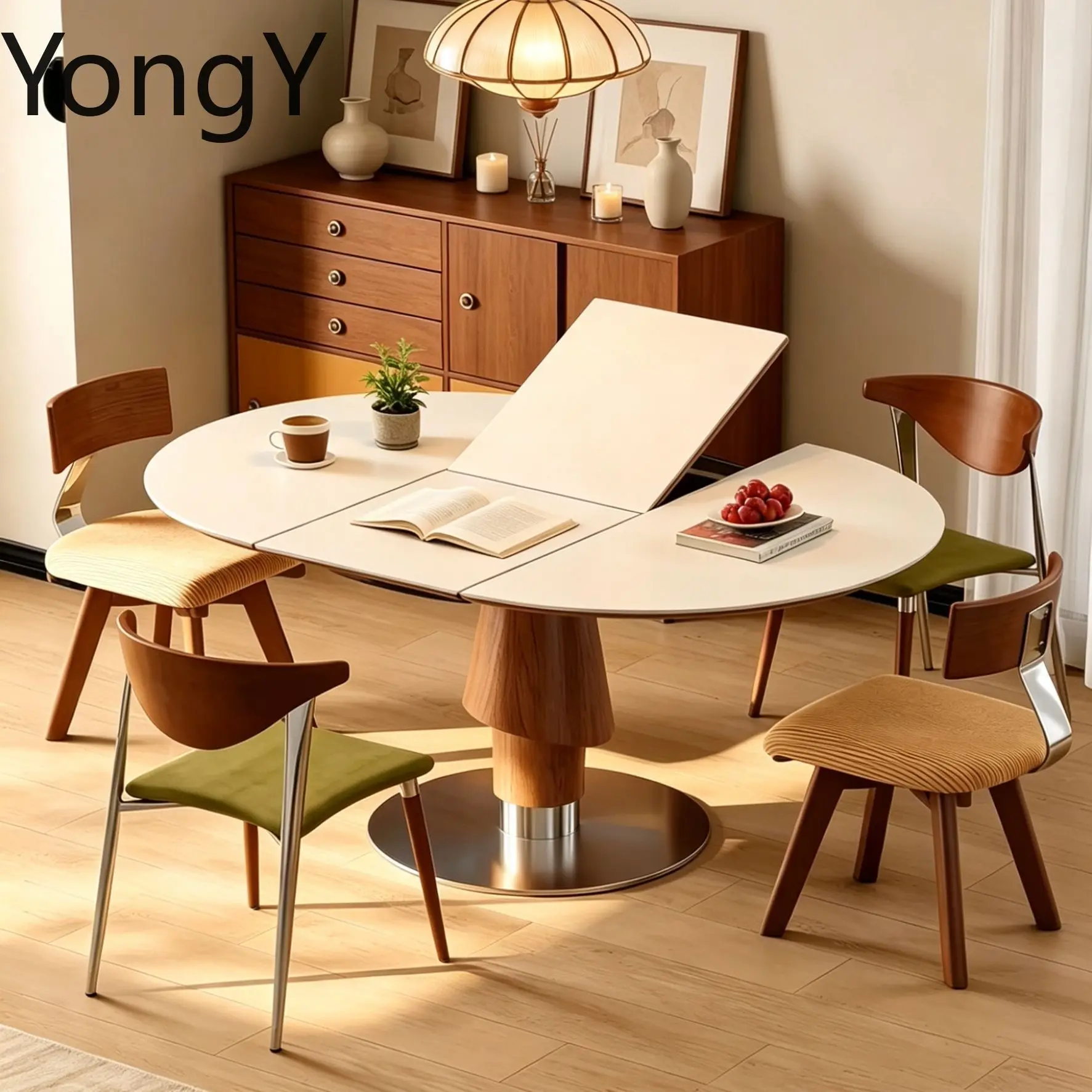 Wooden small coffee rock board dining table retractable cream wind small apartment folding long table simple