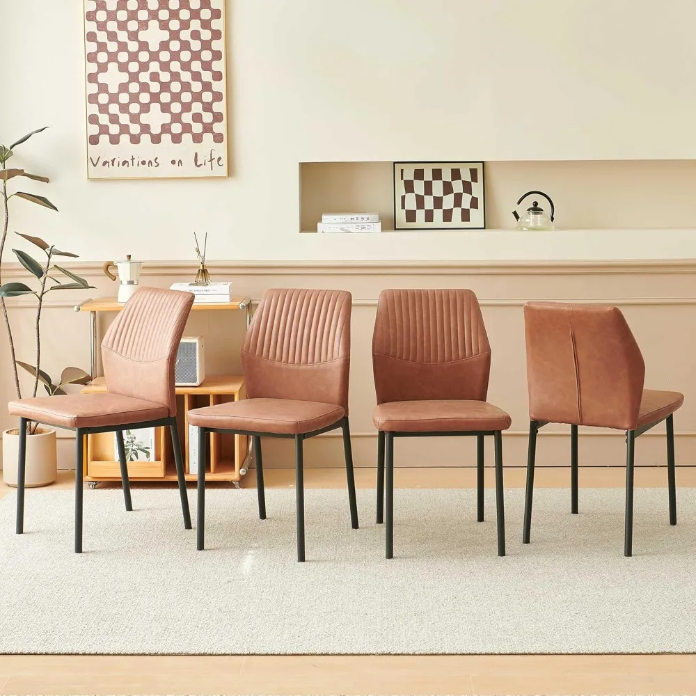 مجموعة كراسي تناول الطعام الحديثة في منتصف القرن مكونة من 4 قطع، جلد PU بني منجد، كراسي غرفة معيشة مريحة بأرجل معدنية