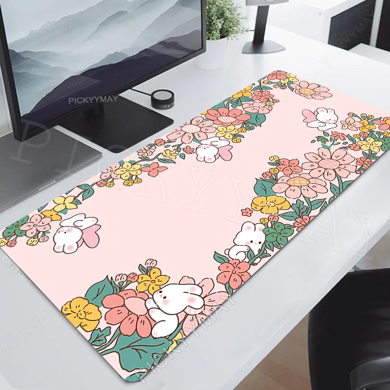 Pink Flower Large Mouse Mat Gaming Mousepad Gamer Mousepads Rubber Cute Bunny Table Mats XXL Desk Pad Office Kawaii Mouse Pads