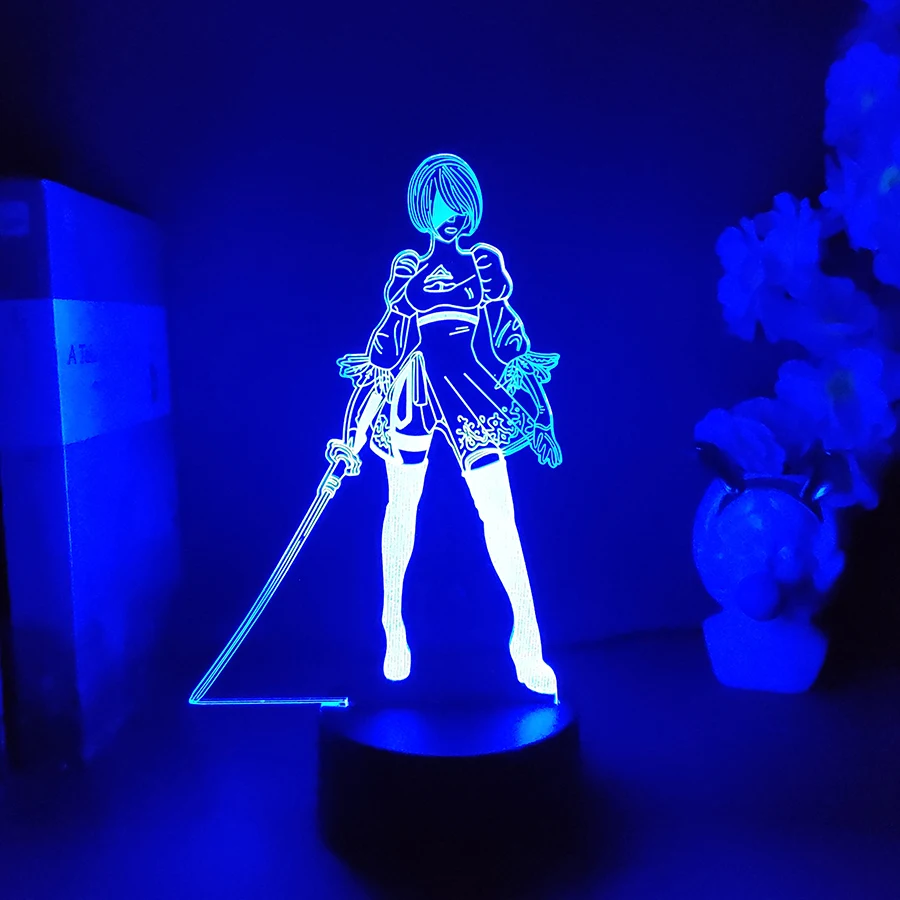 NieR:Automata YoRHa 2B Figure RGB Lamp Gamer Setup Decoration LED 7 Color Changing Nightlight Kids Gaming Room Desk Backlight