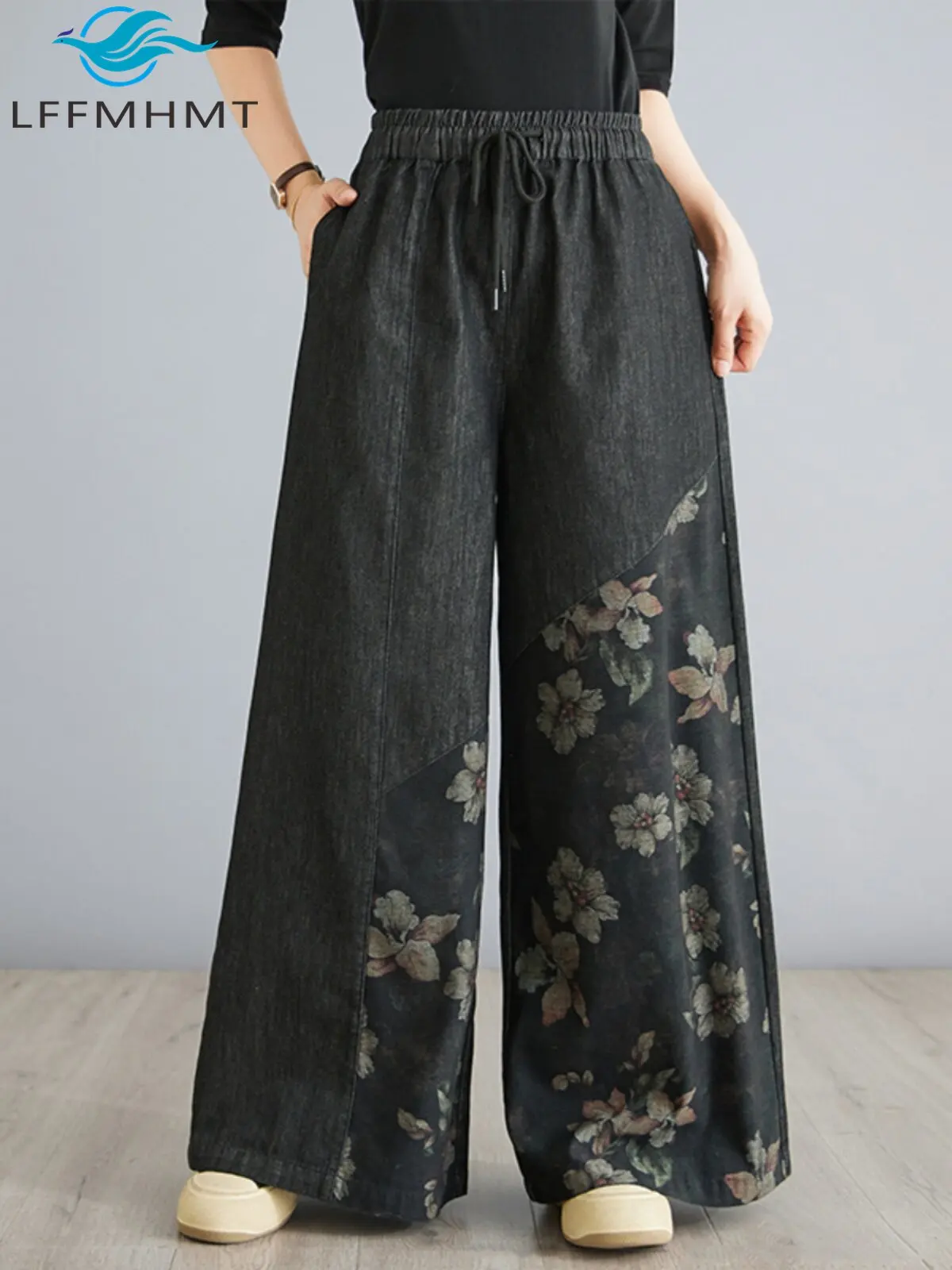 

Женские винтажные повседневные джинсы с цветочным принтом и пэчворком, большие размеры, на эластичной резинке, свободные, широкие штанины, джинсовые брюки