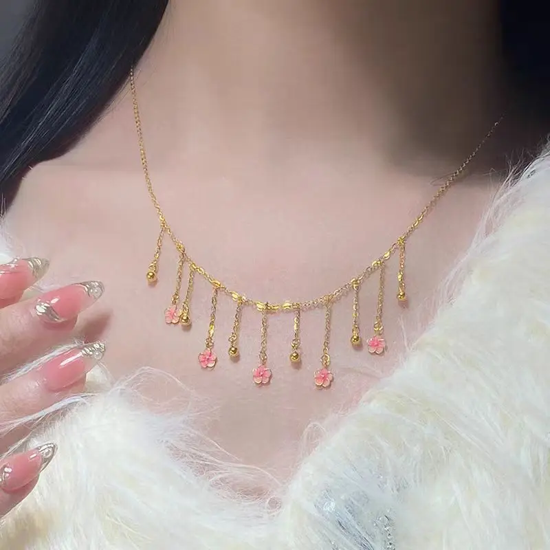 

9999 24K Real Gold Peach Blossom Tassel Set Chain Burning Blue Niche Temperament Clavicle Chain Small Flavored Necklace Gift