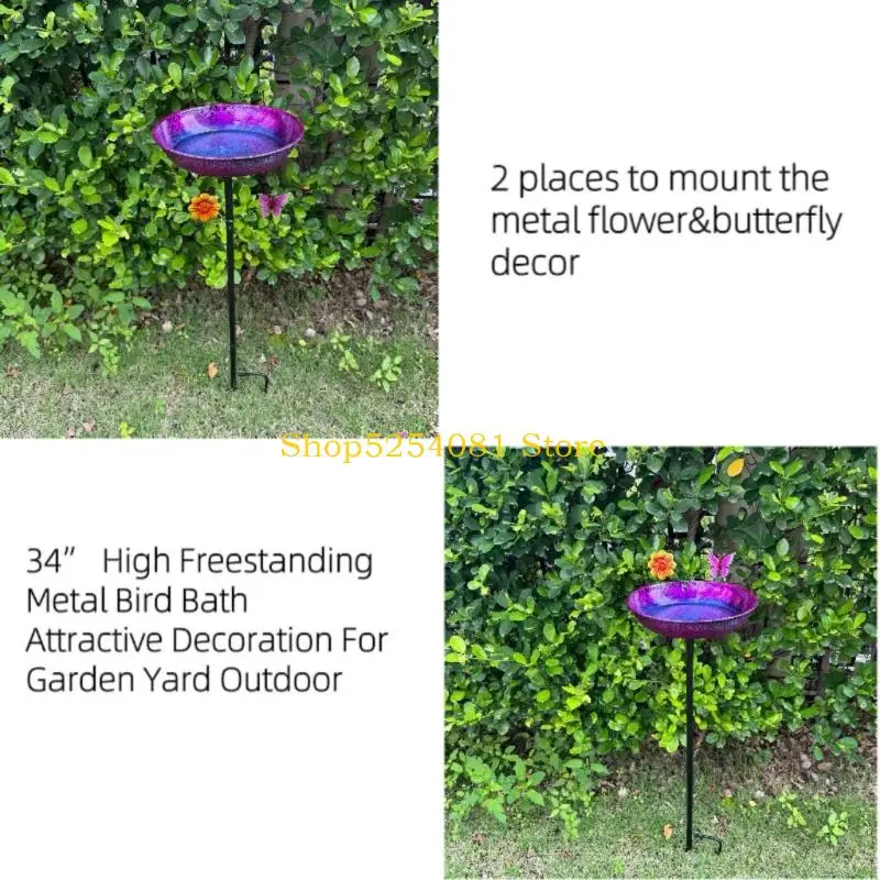 AXYC Large 34 Inch Metal Bird Bath Featuring Pretty Butterfly Flowers For Garden Or Yard