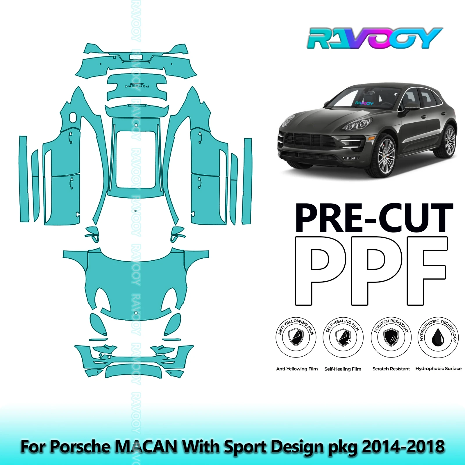 

For Porsche Macan With Sport Design Pkg 2014-2018 8.5Mil Precut Full Vehicle Clear Bra PPF Paint Protection Film