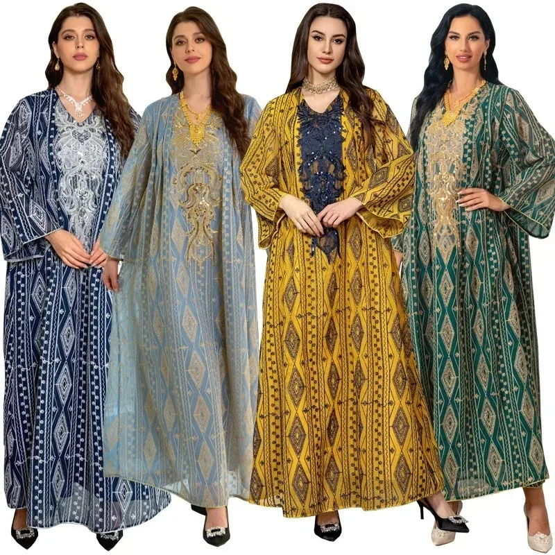 

2024 Abayas for Women Muslim V-neck Dubai Luxury Sequin Muslim Fashion Dress Caftan Evening Party Dresses Robe Gown Outfits