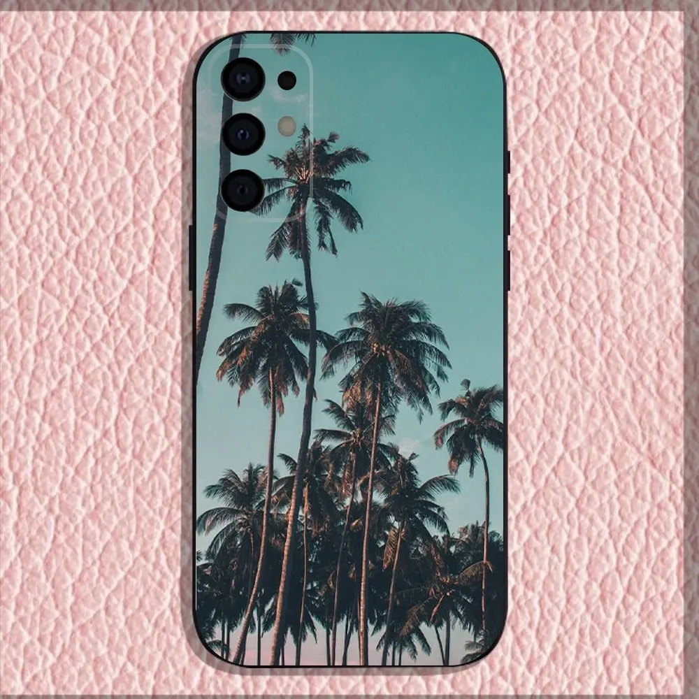 Casing Ponsel Pohon Kelapa untuk Samsung S25,S24,S21,S22,S23,S30,Ultra,S20,Plus,Fe,Lite,Note,10,9,5G Sampul Hitam