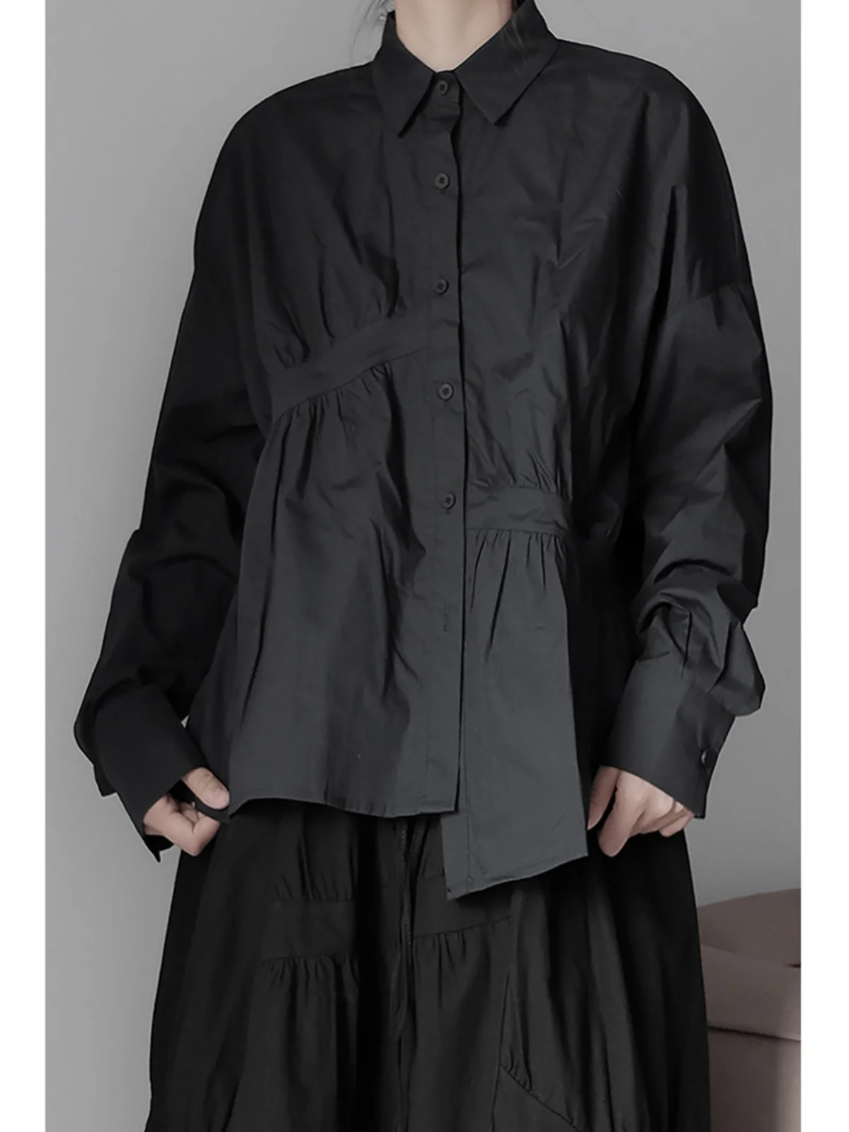 

Loose Long Sve Asymmetric Pleated Slimming Versatile irt k Sle Design Women's Premium Faion Casual Cotton irt