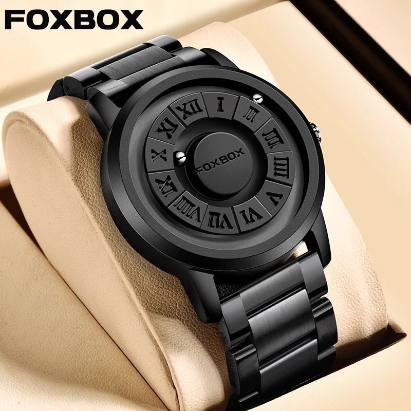FOXBOX Creative Retro Casual Sports Outdoor Magnetic Man Watch Stainless Steel Scrolling Beads Waterproof Quartz Watches for Men