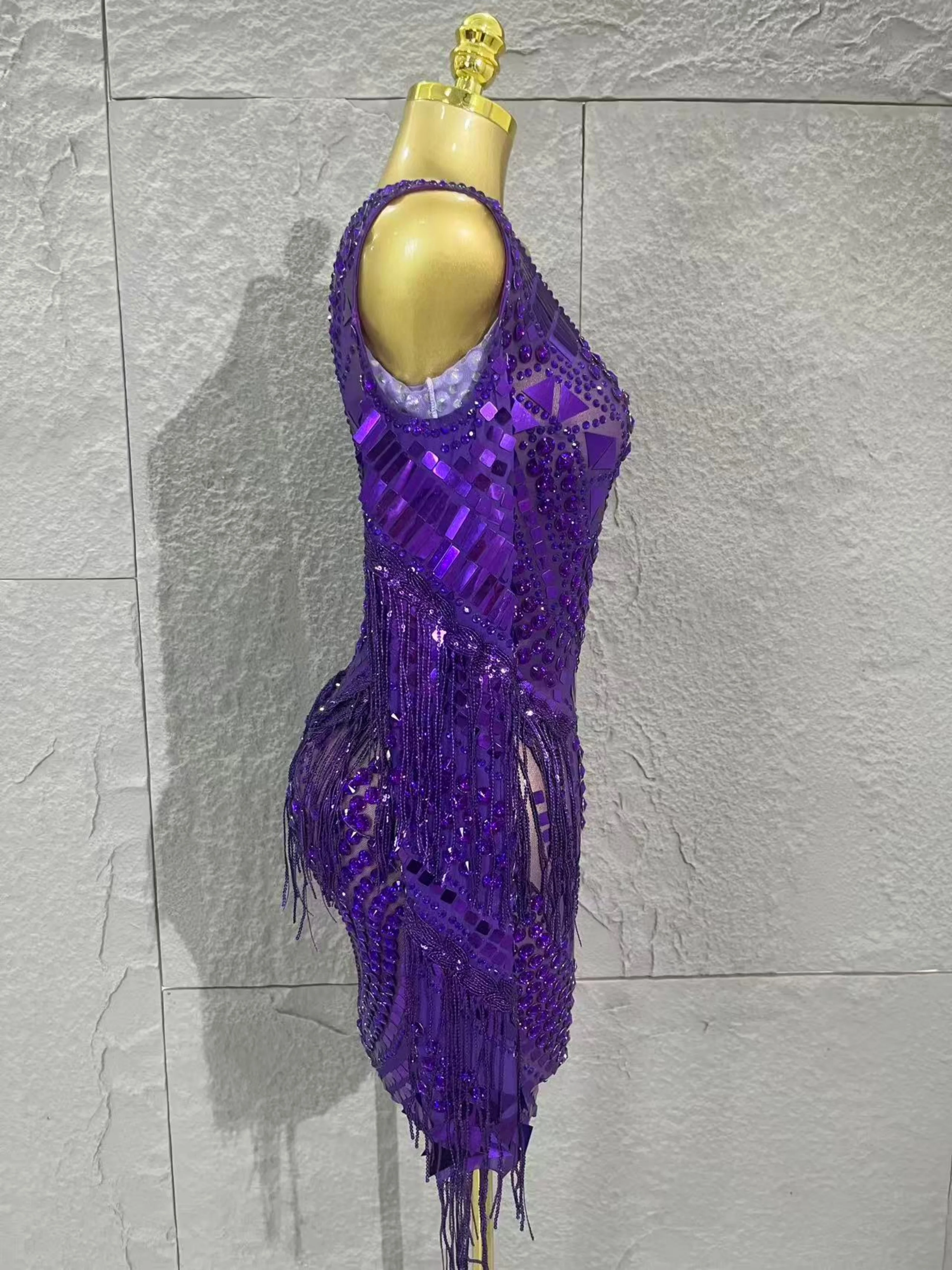 Weelderige sprankelende diamanten pailletten kwastjes lange mouwen pure mini-jurk avondfeest luxe verjaardag sexy mesh nachtclub