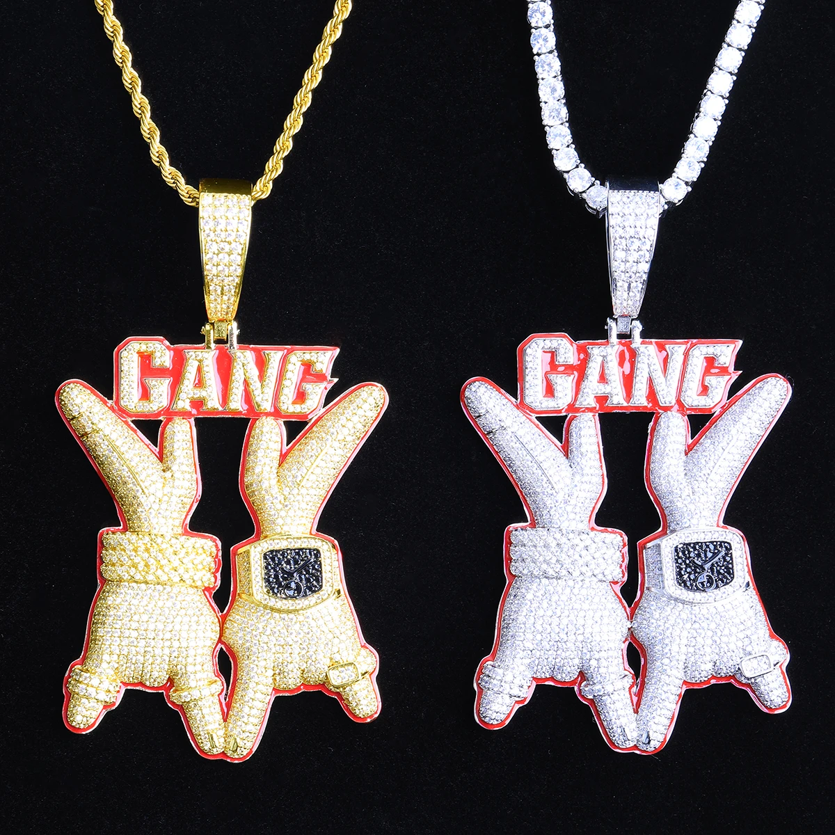 Aokaishen Iced Out Thumb Gang Necklace Pendant for Men Real Gold Plated 5A Cubic Zirconia Hip Hop Jewelry